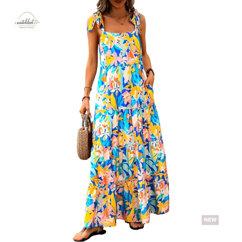 Sleeveless Maxi Dress Floral Tiered Spaghetti Strap A-Line Summer Casual